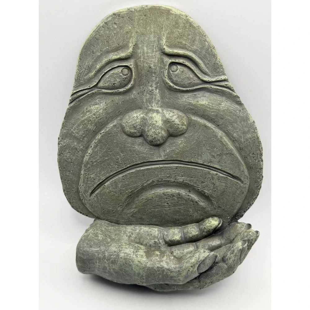International Bazaar Sad Face Wall Plaque Stone Look Verdigris Resin Art